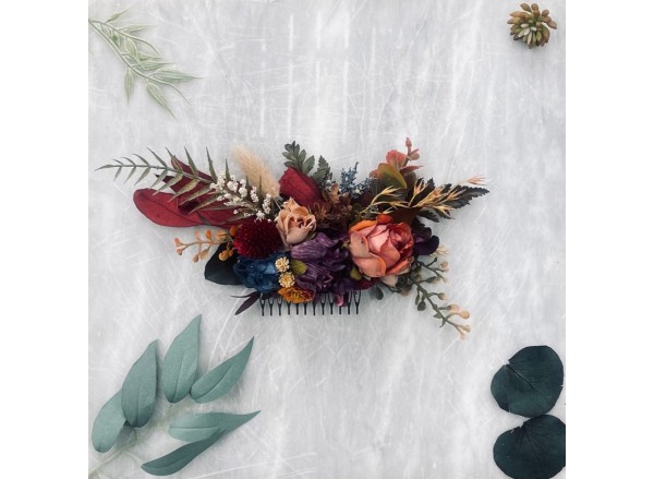 Fall flower hair comb custom made floral hair piece dried preserved artificial 
